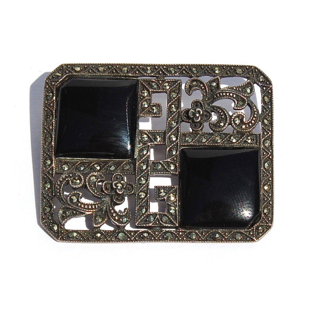Vintage Black Onyx Marcasite Sterling Silver Brooch Pin Art Deco Style Floral